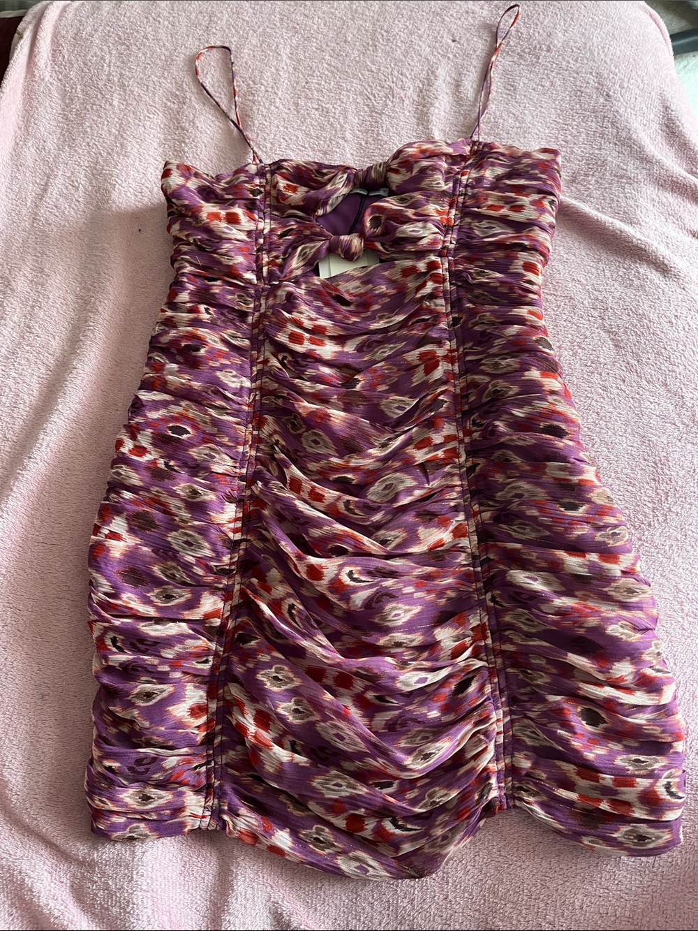 Zara Purple and Red Patterned Ruched Mini Dress